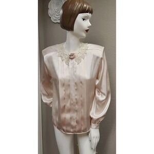 Vintage 80s Notations Crinkle Satin Blush Women's Top Blouse Secretary Size 10